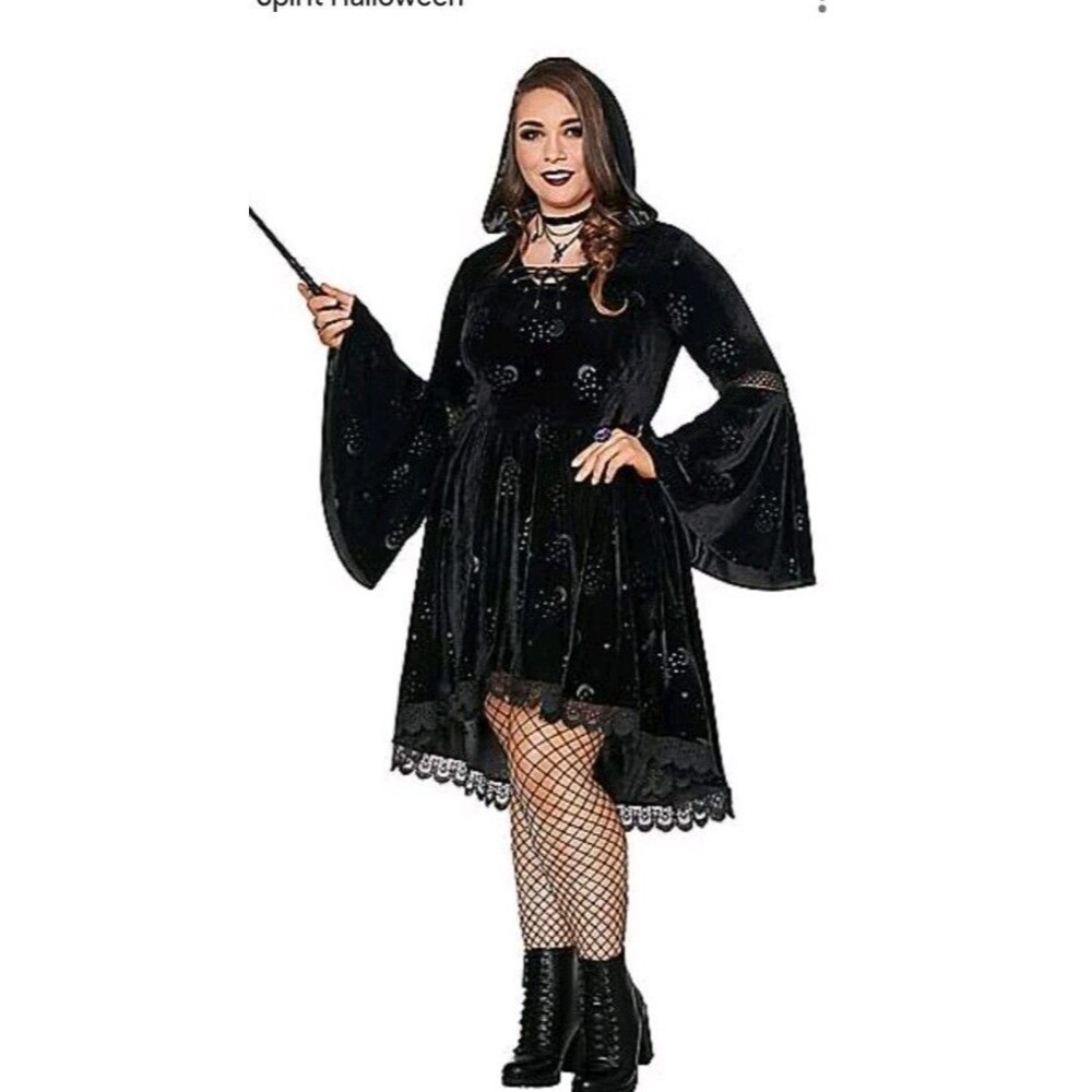 Adult CELESTIAL COVEN Hooded Dress WITCH COSTUME Black VELVET HI-LO Large GOTH - Picture 13 of 13